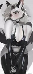 Size: 1259x2817 | Tagged: safe, artist:smewed, loona (vivzmind), canine, fictional species, hellhound, mammal, anthro, hazbin hotel, helluva boss, 2022, bedroom eyes, big breasts, black nose, blushing, breasts, cleavage, clothes, collar, colored sclera, ear fluff, ear piercing, ears, female, fluff, gray hair, hair, legwear, lingerie, long hair, looking at you, panties, piercing, red sclera, slit pupils, solo, solo female, sweat, sweatdrop, tail, thick thighs, thigh highs, thighs, topwear, underwear, white body