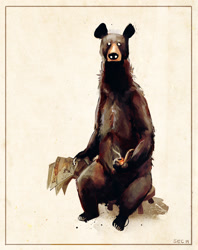 Size: 1200x1516 | Tagged: safe, artist:skurvies, bear, mammal, feral, looking at you, male, newspaper, pipe, sitting, solo, solo male