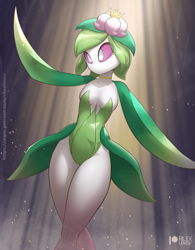 Size: 961x1230 | Tagged: safe, artist:rilexlenov, animate plant, fictional species, lilligant, anthro, cc by-nc-sa, creative commons, nintendo, pokémon, 2022, anthrofied, breasts, clothes, digital art, dress, eyelashes, female, flower, flower in hair, hair, hair accessory, hisuian lilligant, plant, simple background, solo, solo female, thighs, wide hips