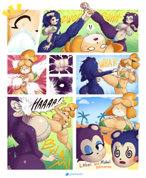 Size: 2454x3000 | Tagged: suggestive, artist:gammainks, isabelle (animal crossing), labelle (animal crossing), mabel (animal crossing), canine, dog, hedgehog, mammal, shih tzu, anthro, digitigrade anthro, comic:isabelle's challenge, animal crossing, cc by-nc-nd, creative commons, nintendo, 2022, beach, bedroom eyes, belly button, big breasts, bikini, bikini top, black nose, bouncing breasts, breast squish, breasts, butt, clothes, comic, defeated, dialogue, digital art, dodging, ears, eyelashes, female, females only, fighting, fur, glowing, glowing eyes, hair, huge breasts, karate, kicking, micro bikini, no pupils, one eye closed, open mouth, paw pads, paws, rear view, sideboob, speech bubble, spread legs, swimsuit, swirly eyes, tail, talking, text, thighs, tongue, trio, trio female, unamused, underass, wedgie, wide hips