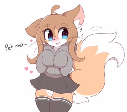 Size: 4096x3616 | Tagged: safe, artist:jammynya, canine, fox, mammal, anthro, asking, blue eyes, bottomwear, brown hair, clothes, cute, ear fluff, female, fluff, fur, hair, happy, heart, legwear, multicolored fur, orange body, orange fur, oversized clothes, simple background, skirt, solo, solo female, sweater, tail, tail wag, text, thigh highs, topwear, white background, white body, white fur