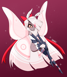 Size: 3891x4510 | Tagged: safe, artist:danmakuman, vaggie (hazbin hotel), angel, animal humanoid, arthropod, fictional species, insect, mammal, moth, humanoid, hazbin hotel, 2020, bow, clothes, disguise, disguised angel, evening gloves, exorcist angel, fallen angel, feathers, female, gloves, gray body, hair, hair over one eye, hilarious in hindsight, legwear, long gloves, mismatched legwear, smiling, solo, solo female, stockings, thigh highs, winged humanoid, wings