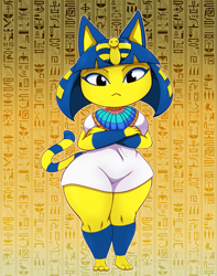 Size: 1009x1280 | Tagged: safe, artist:bigdon1992, ankha (animal crossing), cat, feline, mammal, anthro, digitigrade anthro, animal crossing, nintendo, 2022, ankha zone, breasts, clothes, digital art, dress, ears, egyptian, eyelashes, female, fur, hair, jewelry, looking at you, pose, solo, solo female, tail, thighs, wide hips