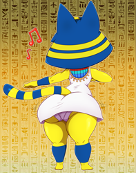 Size: 1009x1280 | Tagged: suggestive, artist:bigdon1992, ankha (animal crossing), cat, feline, mammal, anthro, digitigrade anthro, animal crossing, nintendo, 2022, ankha zone, breasts, butt, clothes, digital art, dress, ears, egyptian, female, fur, hair, jewelry, panties, rear view, solo, solo female, tail, thighs, underwear, wide hips