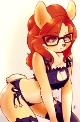 Size: 900x1364 | Tagged: safe, artist:its-lizombie, canine, corgi, dog, mammal, anthro, blue eyes, boob window, bra, breasts, cat keyhole bra set, cleavage, cleavage window, clothes, female, fluff, fur, glasses, hair, legwear, neck fluff, panties, pouting, red hair, side-tie panties, simple background, solo, solo female, thigh highs, underwear, white background, yellow body, yellow fur