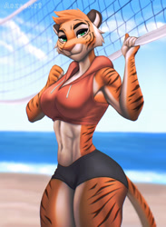 Size: 939x1280 | Tagged: safe, artist:aozee, oc, oc only, big cat, feline, mammal, tiger, anthro, 2022, abs, beach, bedroom eyes, belly button, bottomwear, breasts, clothes, commission, digital art, ears, eyelashes, female, fur, hair, looking at you, muscles, muscular female, pink nose, pose, shorts, solo, solo female, sports bra, sports shorts, striped body, striped fur, tail, thighs, topwear, volleyball net, wide hips