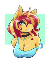 Size: 1200x1500 | Tagged: safe, artist:ambris, sunset shimmer (mlp), equine, fictional species, mammal, pony, unicorn, anthro, friendship is magic, hasbro, my little pony, big breasts, breasts, bust, choker, cleavage, clothes, ear piercing, earring, eyeshadow, female, fur, green eyes, grin, hair, jewelry, lidded eyes, looking at you, makeup, multicolored hair, off shoulder, piercing, smiling, solo, solo female, tank top, topwear, two toned hair, yellow body, yellow fur