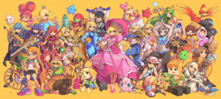 Size: 2048x920 | Tagged: safe, artist:iron pinky, alex (minecraft), bayonetta (bayonetta), byleth (fire emblem), corrin (fire emblem), dark samus (metroid), isabelle (animal crossing), kazooie (banjo-kazooie), lucina (fire emblem), nana (ice climber), palutena (kid icarus), princess daisy (mario), princess peach (mario), princess rosalina (mario), princess zelda (zelda), robin (fire emblem), samus aran (metroid), villager (animal crossing), wendy o. koopa (mario), wii fit trainer (wii fit), animal humanoid, bird, breegull, canine, dog, dragon, fictional species, human, inkling, koopa, luma (species), mammal, mollusk, pichu, pikachu, reptile, shih tzu, squid, star creature, anthro, feral, humanoid, semi-anthro, animal crossing, banjo-kazooie, bayonetta (series), fire emblem, fire emblem fates, fire emblem: three houses, ice climber, kid icarus (game), mario (series), metroid (series), minecraft, nintendo, pokémon, rareware, splatoon, the legend of zelda, the legend of zelda: a link to the past, wii fit, 2022, ambiguous gender, clothes, crop top, crossover, female, group, male, mii (nintendo), pikachu libre, pyra (xenoblade chronicles), star, topwear