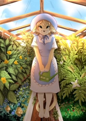 Size: 764x1080 | Tagged: artist needed, safe, oc, oc only, canine, dog, mammal, anthro, 2022, 2d, barefoot, bottomwear, clothes, cottagecore, cute, dress, female, flower, front view, greenhouse, hat, headwear, looking at you, plant, smiling, smiling at you, solo, solo female, sun dress, sun hat