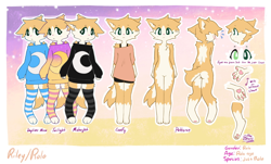 Size: 2048x1240 | Tagged: safe, artist:rolo, oc, oc only, oc:rolo (rolo), cat, feline, mammal, anthro, digitigrade anthro, :<, blushing, butt, chest fluff, claws, clothes, featureless crotch, flat chest, fluff, front view, frowning, green eyes, legwear, looking at you, nonbinary, nudity, paw pads, paws, rear view, reference sheet, shoulderless, socks, solo, solo nonbinary, striped clothes, striped legwear, sweater, topwear, underpaw
