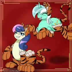 Size: 2000x2000 | Tagged: safe, artist:novaspark, part of a set, bon bon (mlp), lyra heartstrings (mlp), earth pony, equine, fictional species, mammal, pony, unicorn, feral, friendship is magic, hasbro, my little pony, clothes, costume, female, female/female, lunar new year, lyrabon (mlp), pounce, shipping, tiger print, year of the tiger