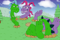Size: 1280x852 | Tagged: safe, artist:marcushunter, wheezie (dragon tales), zak (dragon tales), dragon, fictional species, western dragon, semi-anthro, dragon tales, pbs, 2022, 2d, brother, brother and sister, cloud, conifer tree, conjoined, conjoined twins, dragoness, duo, duo male and female, female, fraternal twins, grass, green body, macro, male, multiple heads, plant, purple body, siblings, sister, tree, twins, two heads, two-headed dragon