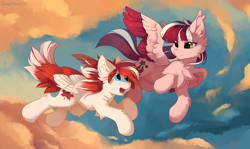 Size: 4700x2800 | Tagged: safe, artist:dreamweaverpony, oc, oc only, oc:dusty ember, oc:making amends, equine, fictional species, mammal, pegasus, pony, feral, hasbro, my little pony, abstract background, butt fluff, cheek fluff, chest fluff, cloud, cutie mark, cyan eyes, duo, ear fluff, feathers, female, fluff, flying, fur, green eyes, hair, hooves, mane, neck fluff, outdoors, shoulder fluff, sky, tail, tail fluff, wings