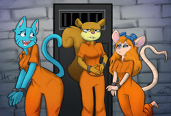 Size: 1024x692 | Tagged: safe, artist:theworfishow, gadget hackwrench (chip 'n dale: rescue rangers), nicole watterson (tawog), sandy cheeks (spongebob), cat, feline, mammal, mouse, rodent, squirrel, anthro, plantigrade anthro, cartoon network, chip 'n dale: rescue rangers, disney, nickelodeon, spongebob squarepants (series), the amazing world of gumball, clothes, cuffs, female, females only, handcuffed, handcuffs, prison outfit, prisoner, trio, trio female