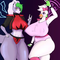 Size: 1280x1280 | Tagged: suggestive, artist:jigglephysics, glamrock chica (fnaf), roxanne wolf (fnaf), bird, canine, chicken, galliform, mammal, wolf, anthro, five nights at freddy's, five nights at freddy's: security breach, 2022, beak, belly button, big breasts, black nose, breasts, clothes, digital art, duo, duo female, ear piercing, ears, eyelashes, female, females only, fingerless gloves, fur, gloves, green hair, hair, huge breasts, jacket, looking at you, nipple outline, open mouth, piercing, shoulder pads, sports panties, suit, tail, tank top, thighs, tongue, topwear, wide hips