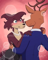 Size: 720x900 | Tagged: safe, artist:gabcruztoons, juno (beastars), louis (beastars), canine, cervid, deer, mammal, reindeer, wolf, anthro, beastars, 2020, antlers, black nose, blushing, breasts, cheek fluff, clothes, dancing, digital art, dress, duo, ears, eyelashes, female, fluff, fur, jewelry, looking at each other, male, male/female, necklace, rear view, romantic couple, suit, thighs, wide hips