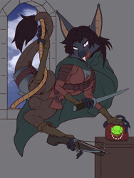 Size: 1080x1440 | Tagged: safe, artist:general-irrelevant, fictional species, yinglet, the out-of-placers, bottomwear, clothes, crossbow, female, foot hold, knife, pants, rope, solo, solo female, weapon