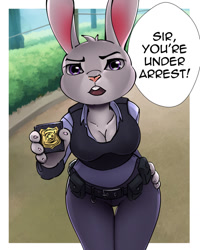 Size: 1024x1280 | Tagged: safe, alternate version, artist:elysianelly, judy hopps (zootopia), lagomorph, mammal, rabbit, anthro, disney, zootopia, 2022, bent over, border, bottomwear, breasts, buckteeth, clothes, dialogue, digital art, ears, female, fur, looking at you, open mouth, pants, police badge, police uniform, shirt, solo, solo female, speech bubble, tail, talking, teeth, text, thighs, tongue, topwear, white border, wide hips