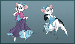 Size: 1171x700 | Tagged: safe, artist:yelnats, miss kitty (the great mouse detective), mammal, mouse, rodent, anthro, disney, the great mouse detective, 2d, blue eyes, clothes, dress, duality, female, fur, high heels, looking at you, shoes, solo, solo female, white body, white fur