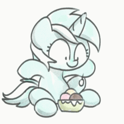 Size: 1000x1000 | Tagged: safe, artist:sugar morning, lyra heartstrings (mlp), equine, fictional species, mammal, pony, unicorn, feral, friendship is magic, hasbro, my little pony, 2d, 2d animation, animated, cute, eating, female, food, frame by frame, fur, gif, green body, green fur, hair, ice cream, mare, multicolored hair, multicolored tail, simple background, solo, solo female, squigglevision, tail, two toned hair, two toned tail, ungulate, white background