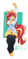 Size: 1350x2850 | Tagged: suggestive, artist:ambris, sunset shimmer (mlp), equine, fictional species, mammal, pony, unicorn, anthro, unguligrade anthro, friendship is magic, hasbro, my little pony, 2022, belly button, border, bottomless, breasts, cleavage, clothes, eyes closed, female, fur, hair, hooves, horn, legwear, long hair, long sleeves, mare, multicolored hair, nudity, partial nudity, shirt, solo, solo female, stretching, topwear, two toned hair, white border, yellow body, yellow fur