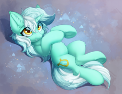 Size: 1280x987 | Tagged: safe, artist:hioshiru, lyra heartstrings (mlp), equine, fictional species, mammal, pony, unicorn, feral, friendship is magic, hasbro, my little pony, 2020, cute, ear fluff, eye through hair, female, fluff, fur, green body, green fur, hair, horn, lying down, mare, multicolored hair, multicolored tail, on back, redraw, solo, solo female, tail, two toned hair, two toned tail, ungulate, yellow eyes