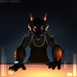 Size: 2500x2500 | Tagged: safe, artist:shido-tara, oc, reptile, anthro, angry, clothes, collar, cybernetic eyes, cyborg, looking at you, shirt, simple background, topwear