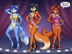 Size: 1920x1440 | Tagged: safe, artist:heresyart, carmelita fox (sly cooper), krystal (star fox), maid marian (robin hood), canine, fox, mammal, anthro, digitigrade anthro, disney, nintendo, robin hood (disney), sly cooper (series), star fox, 2018, belly button, bikini, black nose, breasts, clothes, digital art, ears, eyelashes, female, females only, fur, hair, hand on hip, high heels, one-piece swimsuit, pose, shoes, solo, solo female, swimsuit, tail, thighs, trio, trio female, vixen, wide hips