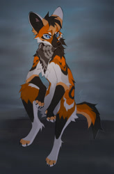 Size: 842x1280 | Tagged: safe, artist:reysi, oc, oc only, oc:caius (wolfeis_redfang), canine, mammal, maned wolf, semi-anthro, 2022, bandanna, blue eyes, brown body, brown fur, clothes, complete nudity, featureless crotch, fur, hair, looking at you, male, nudity, orange body, orange fur, paws, sitting, solo, solo male, tail, white body, white fur