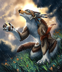 Size: 953x1100 | Tagged: safe, artist:flashlioness, artist:nargilflamewolf, collaboration, canine, mammal, wolf, anthro, 2022, ambiguous gender, blue eyes, complete nudity, detailed, digital art, digital painting, feather, flower, fur, grass, kneeling, multicolored fur, nudity, outdoors, paw pads, paws, plant, rain, solo, solo ambiguous