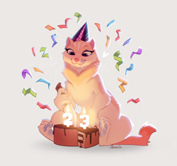 Size: 1280x1201 | Tagged: safe, artist:danomil, oc, oc only, oc:shurya shish, mammal, marsupial, tasmanian devil, feral, 2022, birthday, birthday cake, birthday hat, cake, candle, confetti, duo, duo female, fangs, female, females only, food, front view, gray background, knife, licking, licking lips, looking at something, looking down, paw pads, paws, sharp teeth, signature, simple background, sitting, solo, solo female, teeth, tongue, tongue out