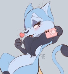 Size: 1266x1377 | Tagged: safe, artist:tohupony, oc, oc only, cat, feline, mammal, feral, 2022, 2d, blue body, blue fur, blushing, candy, female, food, fur, gray background, holding candy, holding food, holding lollipop, holding object, iphone, lollipop, simple background, solo, solo female