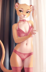 Size: 800x1244 | Tagged: safe, alternate version, artist:personalami, oc, oc only, oc:lia-lioness, big cat, feline, lion, mammal, anthro, 2022, bra, breasts, butt, choker, clothes, digital art, ears, female, lace, lace bra, lace panties, lace underwear, legwear, lingerie, lioness, looking at you, panties, smiling, smiling at you, solo, solo female, stockings, tail, thighs, underass, underwear