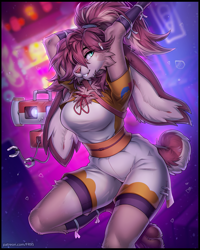 Size: 1039x1300 | Tagged: safe, alternate version, artist:f-r95, lop (star wars: visions), fictional species, lagomorph, mammal, rabbit, robot, anthro, star wars, star wars: visions, 2022, breasts, brown hair, clothes, duo, ears, female, hair, legwear, long ears, looking at you, ocho (star wars: visions), short tail, smiling, smiling at you, stockings, tail, thighs