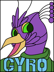 Size: 1362x1812 | Tagged: safe, artist:gryphonglassworks, oc, oc:gyro feather, oc:gyro feather (bird), bird, galliform, peafowl, anthro, beak, bird feet, bird hands, bust, claws, feathered wings, feathers, green eyes, male, pink body, portrait, purple body, stained glass pattern, tail, wings, yellow body