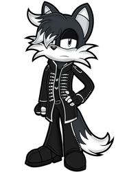Size: 1200x1600 | Tagged: safe, artist:toyminator900, oc, oc only, oc:ronjir the husky (lightningbolt), canine, dog, husky, mammal, anthro, mikey way, my chemical romance, sega, sonic the hedgehog (series), the black parade, 2020, belt, black body, black fur, black tail, blue eyes, boots, bottomwear, cheek fluff, clothes, commission, cosplay, dipstick tail, eyeshadow, fluff, frowning, fur, gloves, hand on hip, head fluff, head tuft, jacket, lidded eyes, long sleeves, looking at you, makeup, male, pants, shirt, shoes, simple background, solo, solo male, style emulation, tail, tail fluff, topwear, transparent background, undershirt