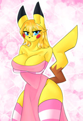 Size: 1024x1491 | Tagged: safe, artist:andromeda-james, fictional species, mammal, pikachu, anthro, nintendo, pokémon, 2022, arms under breasts, bedroom eyes, black nose, breasts, clothes, digital art, dress, ears, eyelashes, female, fur, hair, looking at you, pose, side slit, simple background, solo, solo female, tail, thighs, wide hips