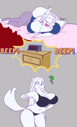 Size: 1985x3293 | Tagged: suggestive, artist:goblinhordestudios, oc, oc only, oc:krystal o'reilly, canine, mammal, wolf, anthro, comic:flight of the valkyrie, 2016, 5 fingers, alarm clock, bed, belly, belly button, belly grab, black nose, blue eyes, bra, breasts, cleavage, clock, clothes, comic, confused, curvy, dreaming, dresser, english text, eyelashes, eyes closed, fangs, fat fetish, female, fur, gray background, hair, huge breasts, long hair, long tail, lying down, lying on bed, on bed, onomatopoeia, open mouth, panties, question mark, sharp teeth, simple background, sleeping, slightly chubby, solo, solo female, story included, tail, teeth, text, thick thighs, thighs, underwear, weight gain, white body, white fur, white hair, zzz