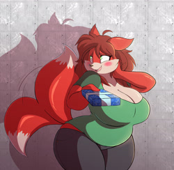 Size: 3890x3789 | Tagged: safe, artist:goblinhordestudios, oc, oc only, oc:vicki valentine, canine, fox, mammal, anthro, 2019, bashful, big breasts, big tail, blush sticker, blushing, bottomwear, breasts, cleavage, clothes, curvy, female, fur, green eyes, hair, high res, huge breasts, looking away, multiple tails, open mouth, open smile, pants, present, red body, red fur, red hair, shadow, sharp teeth, shirt, slightly chubby, smiling, solo, solo female, t-shirt, tail, tail wag, teeth, thick thighs, thighs, topwear, two tails, wide hips