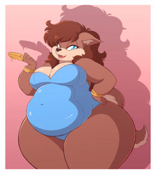 Size: 5622x6289 | Tagged: suggestive, artist:goblinhordestudios, oc, oc only, oc:mary blissany, canine, dog, mammal, anthro, 2019, absurd resolution, art trade, belly button, big breasts, blue eyes, bottom heavy, breasts, brown body, brown fur, brown hair, butt, cleavage, clothes, eyelashes, fat, fat fetish, female, food, fur, gradient background, hair, hand on hip, huge belly, huge butt, hyper, hyper hips, hyper thighs, lidded eyes, looking at you, obese, one-piece swimsuit, open mouth, open smile, overweight, popsicle, shadow, smiling, solo, solo female, swimsuit, tail, thick thighs, thighs, wide hips