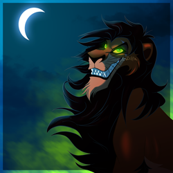 Size: 900x900 | Tagged: safe, artist:x-zelfa, scar (the lion king), big cat, feline, lion, mammal, feral, disney, the lion king, black hair, colored sclera, crescent moon, glowing, glowing eyes, green eyes, grin, hair, male, mane, moon, solo, solo male, yellow sclera