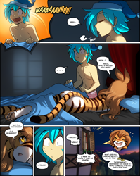 Size: 1200x1511 | Tagged: suggestive, artist:twokinds, flora (twokinds), trace (twokinds), fictional species, human, keidran, mammal, anthro, twokinds, blanket, blushing, butt, clothes, nudity, underwear
