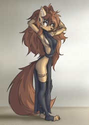 Size: 773x1080 | Tagged: suggestive, artist:tinygaypirate, oc, oc:apogee (tinygaypirate), canine, dog, mammal, anthro, plantigrade anthro, adorasexy, arms behind head, breasts, clothes, cute, dress, female, leg warmers, legs, legwear, looking at you, paw feet, piercing, sexy, side slit, sideboob, solo, solo female, thigh highs, thighs, toeless legwear, total sideslit