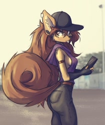 Size: 1478x1771 | Tagged: safe, artist:tinygaypirate, oc, oc:apogee (tinygaypirate), canine, dog, mammal, anthro, big breasts, big butt, breasts, butt, cap, clothes, female, hat, headwear, looking at you, solo, solo female, thick thighs, thighs
