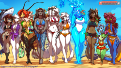 Size: 3840x2160 | Tagged: safe, artist:zummeng, oc, oc:alma (zummeng), oc:chili (zummeng), oc:estella (zummeng), oc:evie, oc:gloria (zummeng), oc:jana rah (zummeng), oc:lily (zummeng), oc:luna (zummeng), oc:miralle, oc:nora (zummeng), oc:shani (zummeng), oc:zaphira, arthropod, bee, big cat, bovid, cat, cervid, cobra, deer, feline, goat, hybrid, hyena, insect, mammal, reptile, saber-toothed cat, smilodon, snake, tiger, anthro, plantigrade anthro, semi-anthro, unguligrade anthro, 16:9, angry, anklet, annoyed, antennae, antlers, barefoot, beach, bedroom eyes, belly button, between breasts, big breasts, bikini, blue body, blue fur, bottle, bracelet, breasts, brown body, brown fur, brown hair, camera, child, cleavage, clothes, cloven hooves, coconut, coconut cup, coconut drink, container, cub, curved horns, dewclaw, digital art, drink, ear piercing, earring, ears, eating, feet, female, flirting, food, fur, glasses, glasses on head, glowing body, group, hair, hooves, horns, ice cream, ice cream cone, inflatable toy, jewelry, nervous, one-piece swimsuit, outdoors, panties, piercing, piggyback ride, popsicle, sand, sandwich, seductive, shopping bag, smiling, soles, spread toes, sunglasses, sunglasses on head, swimsuit, tail, teasing, thong, toes, tongue, tongue out, walking, wallpaper, water, wedding ring, wet, wet body, wet fur, wet hair, white body, white fur, white hair, white tiger, wide hips, young