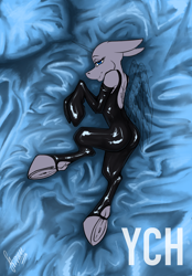 Size: 1640x2360 | Tagged: suggestive, artist:stirren, equine, mammal, pony, feral, semi-anthro, hasbro, my little pony, bed, bedroom eyes, clothes, commission, hooves, latex, latex stockings, latex suit, legwear, looking at you, lying down, socks, solo, stockings, ych