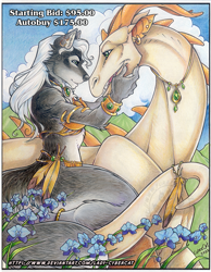 Size: 777x1000 | Tagged: safe, artist:cybercat, canine, dragon, fictional species, mammal, wolf, anthro, 2022, ambiguous gender, copic markers, drake, ear piercing, earring, ears, fantasy, feather, female, flower, fur, gray body, gray fur, green eyes, hair, illustration, jewelry, kemono, looking at each other, marker, necklace, outdoors, pencil, piercing, plant, prismacolor, tail, timber wolf, traditional art, white hair