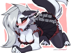 Size: 1200x875 | Tagged: suggestive, artist:loonanudes, loona (vivzmind), canine, fictional species, hellhound, mammal, anthro, digitigrade anthro, hazbin hotel, helluva boss, 2022, areola, border, breasts, clothes, dialogue, dress, ears, female, gloves, gray hair, hair, long gloves, simple background, solo, solo female, tail, talking, thighs, white border