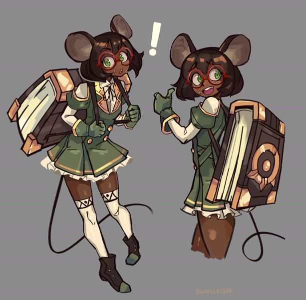 148107 - safe, artist:bumblesteak, animal humanoid, fictional species,  mammal, mouse, rodent, humanoid, book, bottomwear, clothes, female,  glasses, skirt, solo, solo female, tail, wizard - Furbooru