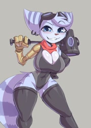 Size: 972x1358 | Tagged: safe, artist:cooliehigh, rivet (r&c), fictional species, lombax, mammal, anthro, ratchet & clank, 2022, big breasts, breasts, clothes, ears, female, goggles, goggles on head, looking at you, prosthetic arm, prosthetics, smiling, smiling at you, solo, solo female, tail, thick thighs, thighs